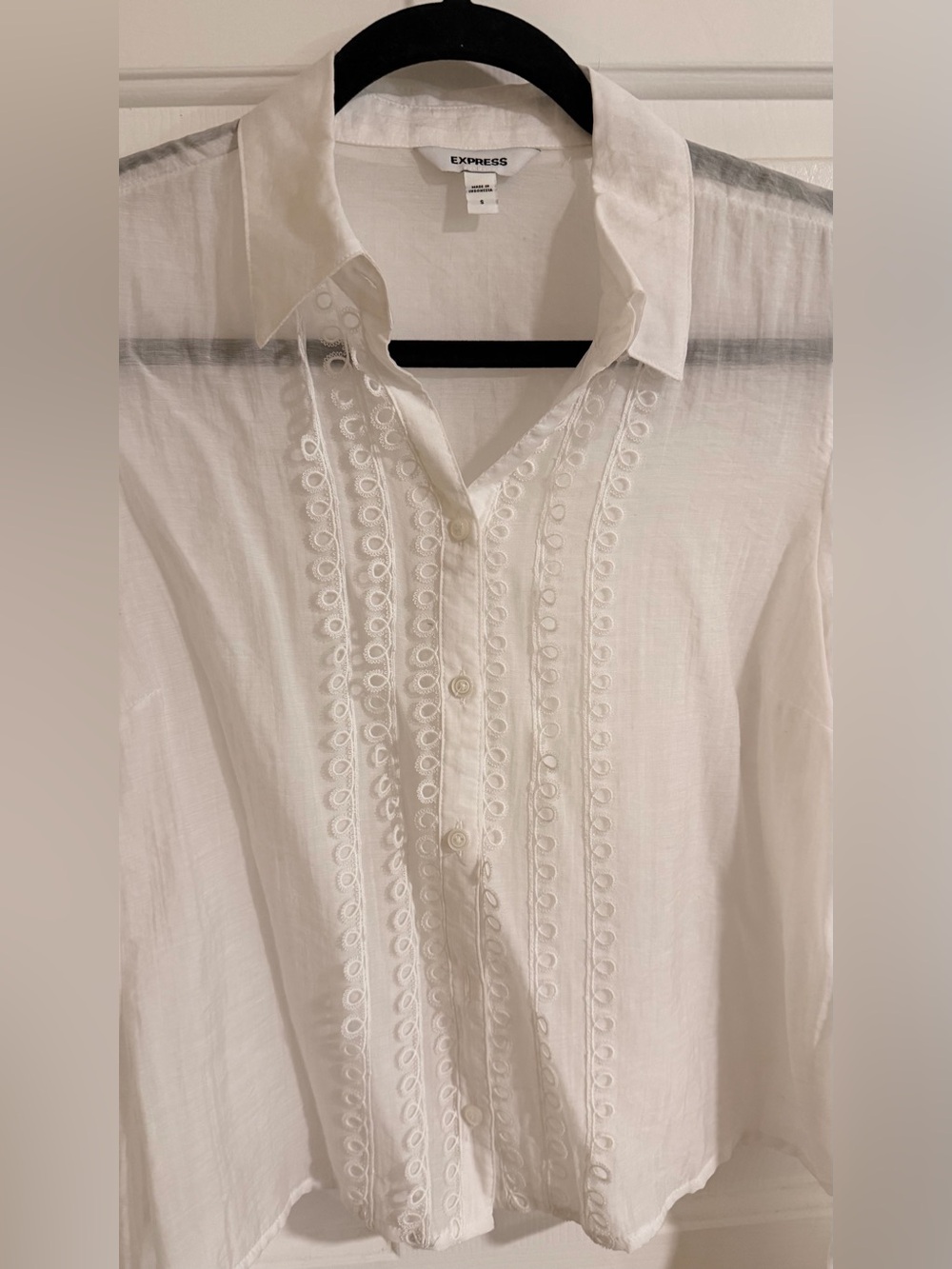 Express Sheer White Lace-Trim Button Blouse